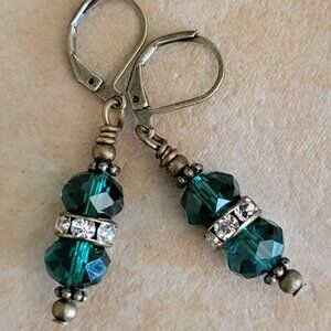 Peacock Green Crystal Clear Rhinestone Rondelle Earrings Bronze Brass Lever Back